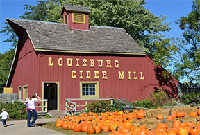 Brightly saturated image of red barn with orange pumpkins and blue sky showing red barn with a yellow door and "Louisburg Cider Mill" in large capitalized letters on side of building