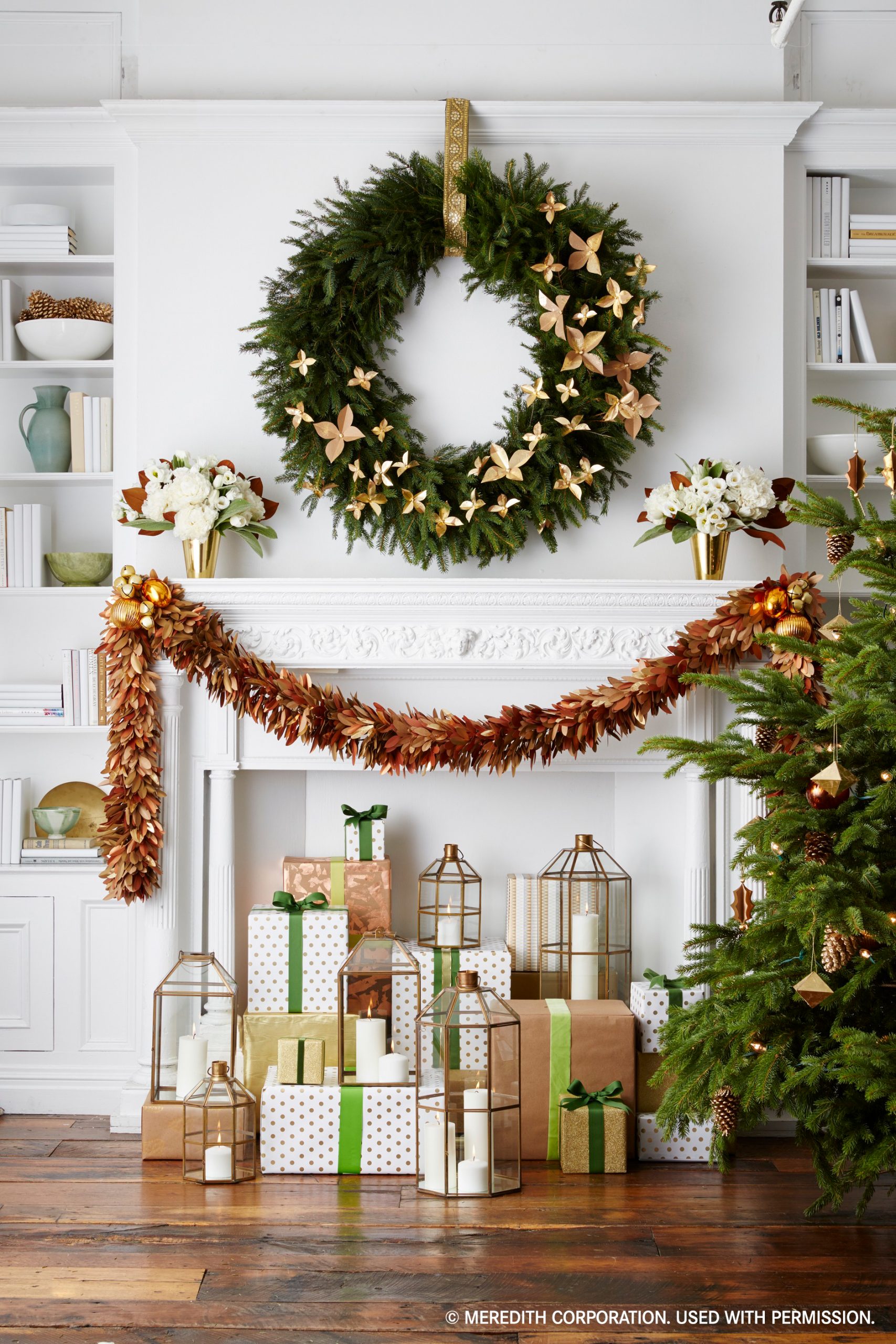 Bright Home interior decorated for holidays with wreath, presents and tree