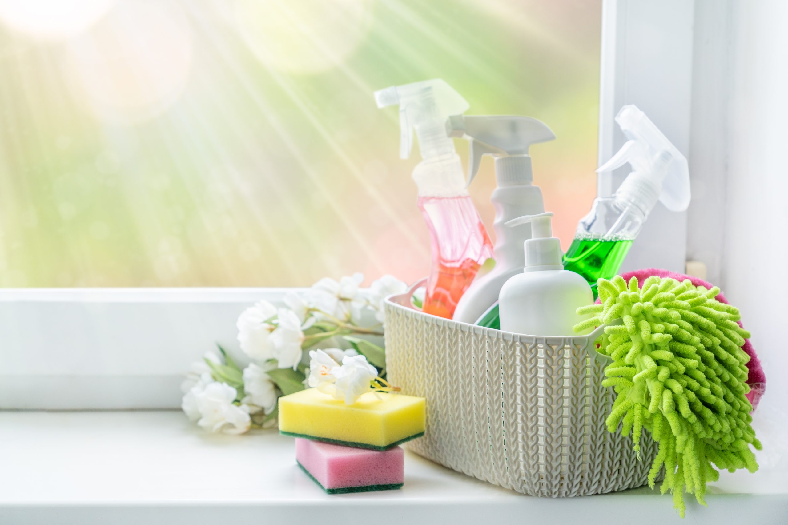 Spring cleaning concept - cleaning supplies and flowers on blur background, copy space