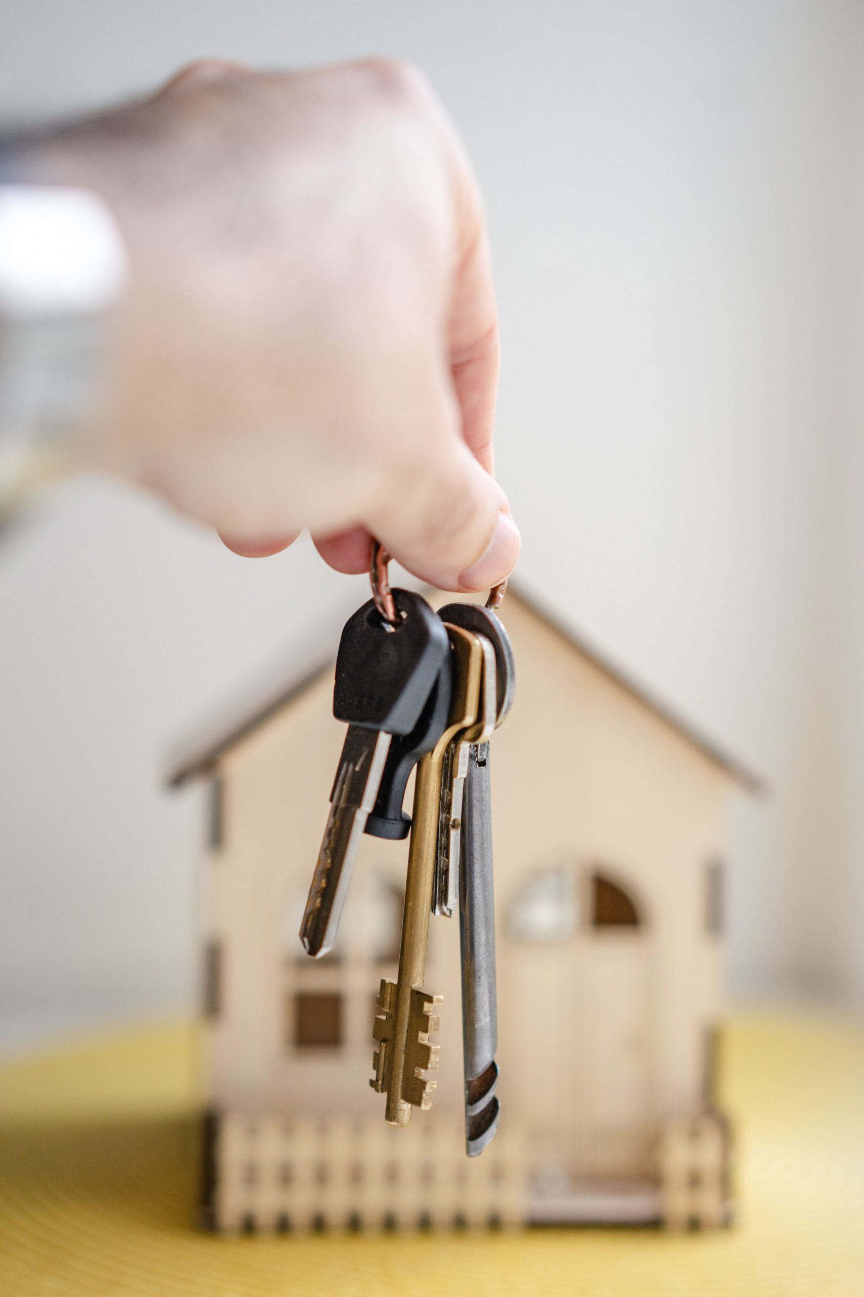 hand holding keys with little house in background