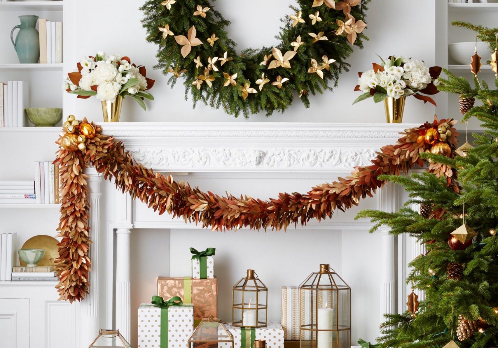 Bright Home interior decorated for holidays with wreath, presents and tree